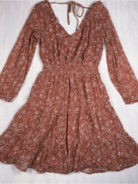 Hollister Salmon Red Floral Paisley Long Sleeve Tiered Boho Dress Size: XS